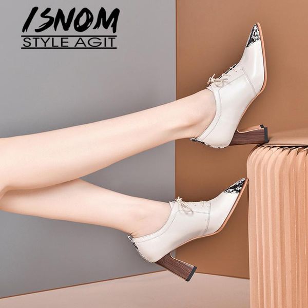 

dress shoes isnom snake skin patchwork pointed toe lace up strange heels pumps cow leather women 2021, Black