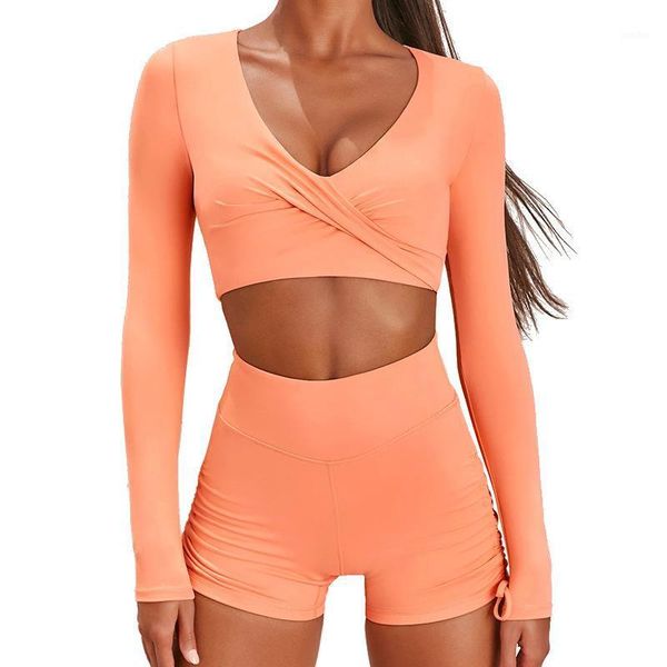 

yoga outfits autumn solid suit gym fitness two piece set long sleeve crop shorts tracksuit fashion running sports dance energy set1, White;red