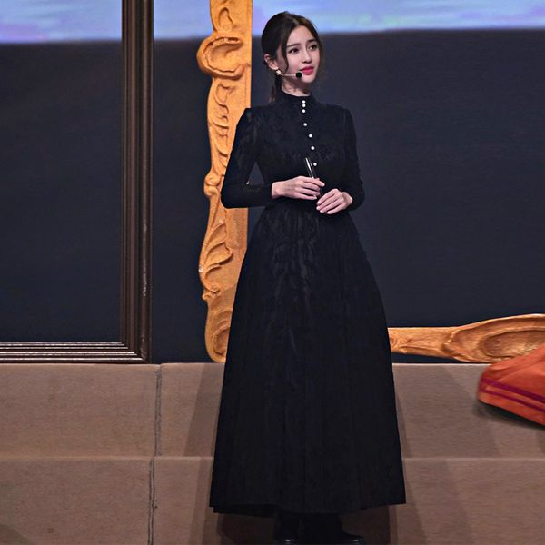 

long dress runway autumn new style black lace women's pearl long-sleeved slim elegant fashion party dresses fhtr, Black;gray