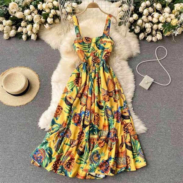 

summer holiday dress boho style floral print spaghetti strap sleeveless long vintage women ruffles beach maxi 210603, Black;gray