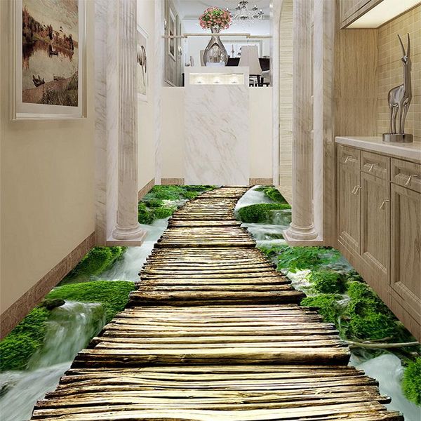 

wallpapers custom po wallpaper 3d stream wooden bridge floor tiles murals sticker living room el hallways pvc wear wall papers