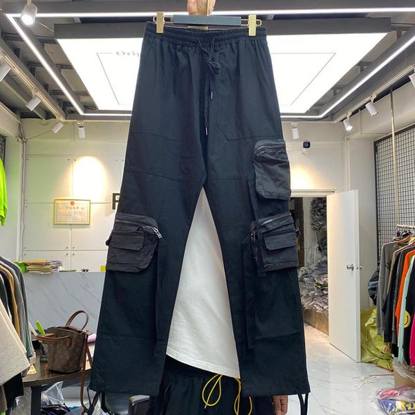 

men's pants black multi-pocket men women drawstring cargo multifunctional flap pockets overalls japanese streetwear