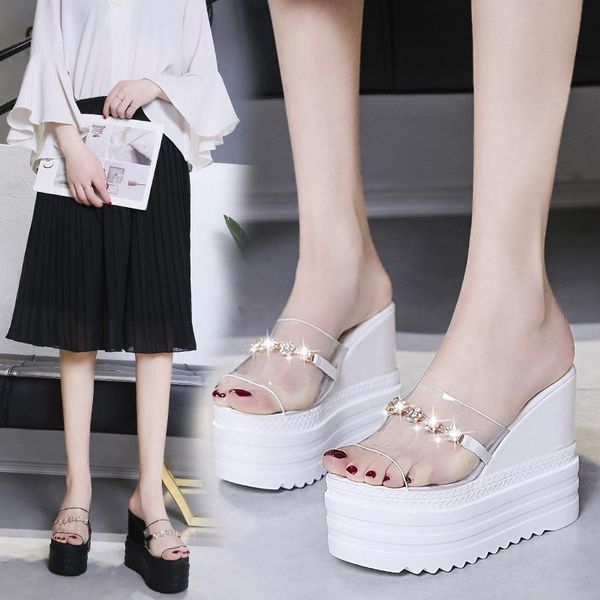 

high-heeled shoes lady glitter slides woman's slippers platform peep toe on a wedge increased internal jelly 2021 flat crystal, Black