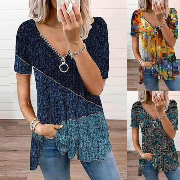 

women's t-shirt modis women loose with zipper printed v-neck short sleeve long shirt female casual streetwear clothes camisetas #g1, White