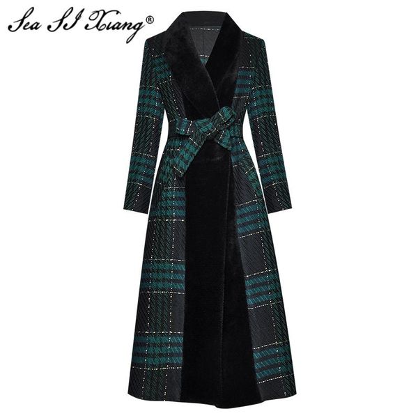 

seasixiang fashion designer winter wool overcoat women's long sleeve fur patchwork lace-up plaid outwear, Black