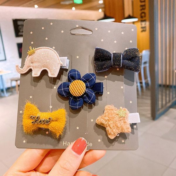 

children's hair clips set 5 pcs cute hairpins with different decor korean style hairs accessory for girls daily lxh, Slivery;white