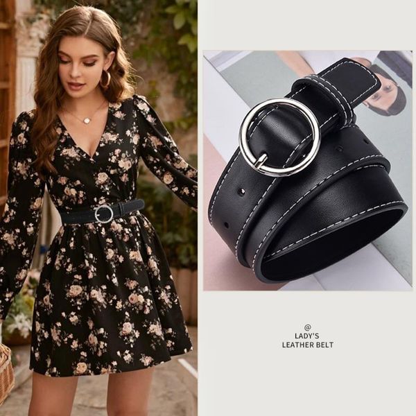 

belts [lfmb]women belt leather light body round buckle simple circle pin classic retro fashion all-match jeans dress, Black;brown