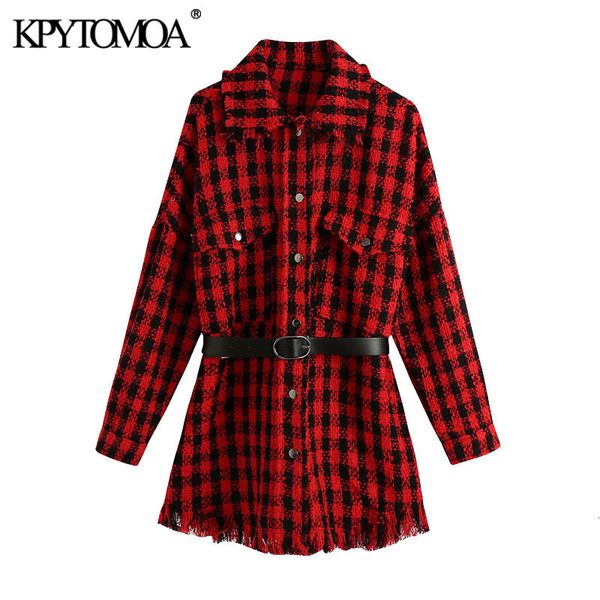 

kpytomoa women fashion with belt oversized tweed jacket coat vintage long sleeve frayed tassel female outerwear chic 201020, Black;brown