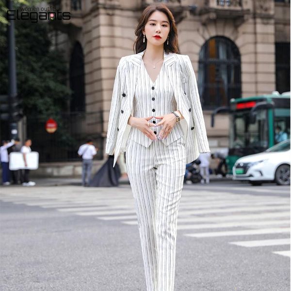 

women's two piece pants striped white pant suits women 3-piece vest trousers blazer set business lady uniform office work jacket suit f
