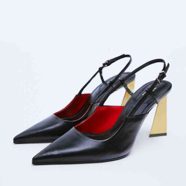 

dress shoes za 2022 metal salto estilingue bomba feminina moda preto geomÃ©trico saltos apontados dedo do pÃ© sandÃ¡lias de couro feminino eleg, Black