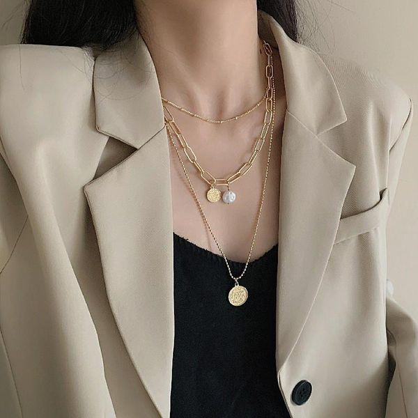

pendant necklaces lovoacc trendy multi layering head portrait coin necklace hollow chunky linked chain pearl for women jewelry, Silver