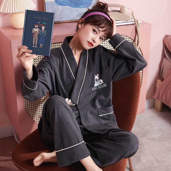 ATUENDO Frühling Kimono Pyjamas Sets für Frauen 100% Baumwolle Satin Weiche Yukata Nachtwäsche Atoff Home Fashion Kawaii Seide Nachtwäsche 210622