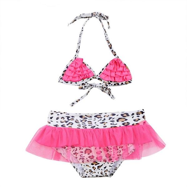 

1-6y toddler kids baby girl swimwear leopard bikini set strap swimming skirted bathing suit, White