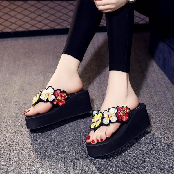 

dress shoes ladies women sandals summer bling floral wedges flip flops sandalia feminina slippers beach comfortable zapatos de mujer *, Black