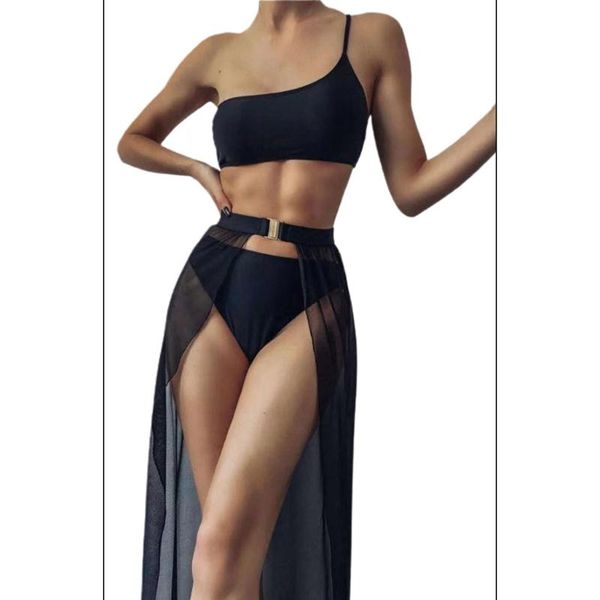 

women 3pcs bikini set solid color one shoulder tube triangle bottom swimsuit with slit mesh maxi skirt cover up