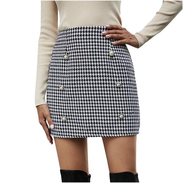 

fashion women houndstooth plaid print buttons short high waist mini sheath skirt mujer 2021 clothing harajuku skirts womens mini, Black