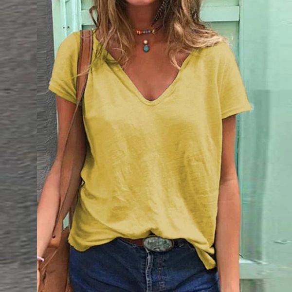 

women's t-shirt basic solid color v-neck summer short-sleeved loose round neck casual printed pullover, White