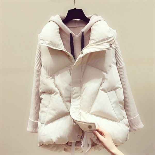 

autumn winter women's solid loose vest drawstring stand collar long sleeveless jacket cotton padded women windproof warm 211123, Black;white
