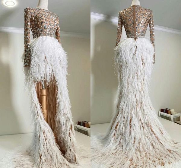 Vestidos de noite de ilusão sexy com lantejoulas Crystal Africano Hi Lo Saia de penas Árabe Aso Ebi vestidos de baile com mangas compridas