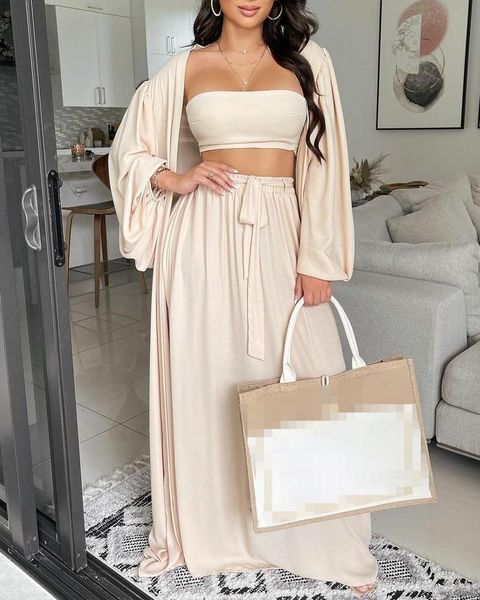 

women's two piece pants crop tube & maxi skirt with longline cardigan set, White