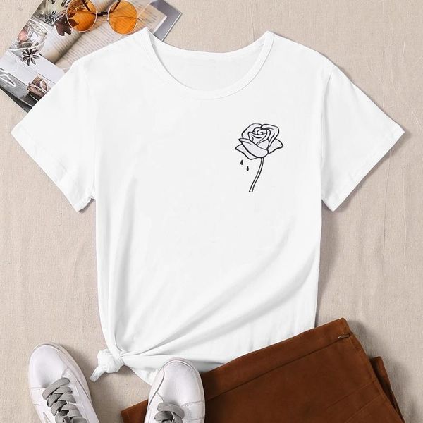 

rose pattern printed t-shirt women clothes fashion harajuku short sleeve summer outdoor plus size round neck t-shirts, White