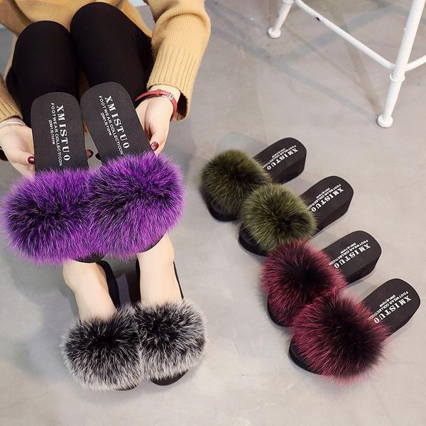 

slippers women muffin thick bottom fur sandals fashion high heel platform, Black