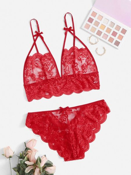

plus floral lace scallop trim lingerie set b2gv#, Black;white