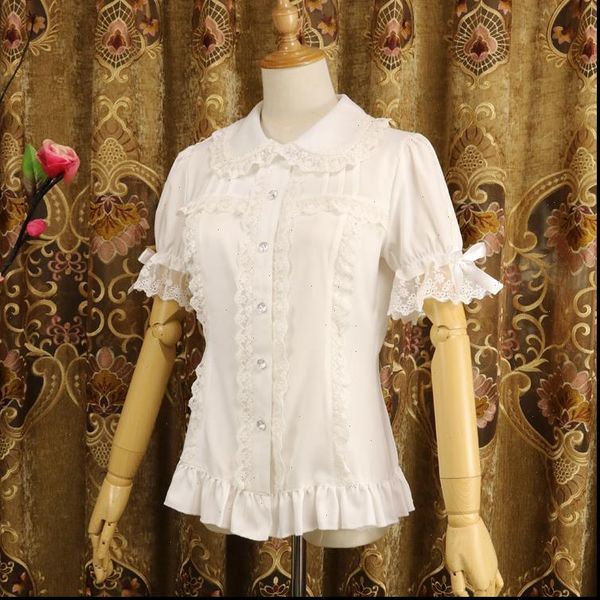 

ladies short sleeve chiffon blouse white black lolita button down shirt with detachable sleeves drop shipping good quality