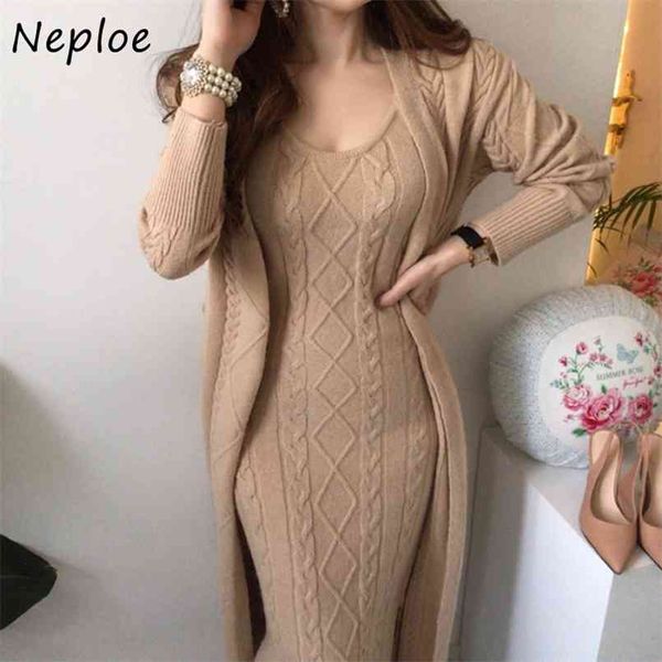 

neploe elegant chic argyle twist patchwork cardigans casual solid color sweater dress drawstring slim waist women dresses coat 210812, White