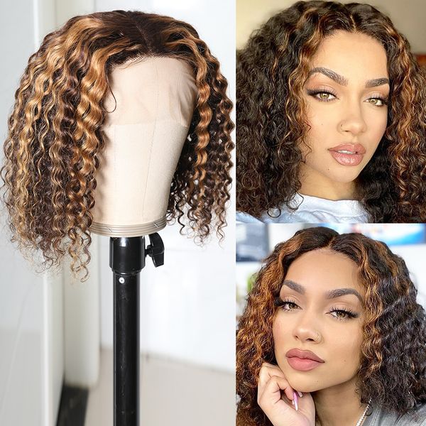 

13x4 Highlight Bob Wig Brazilian Curly Human Hair Wigs 150 Density Honey Blonde Babylights Lace Part Wigs Seamless Natural, Natural color
