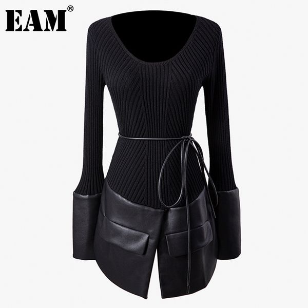 

[eam] spliced pu leather knitting sweater loose round neck long sleeve women pullovers new fashion autumn winter 2021 1dd2424 210218, White;black