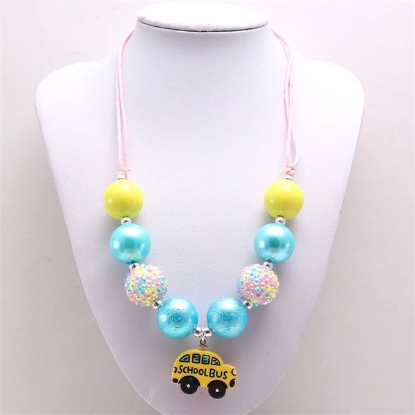 

fashion baby chunky bubblegum beads necklace with school bus pendant for girls kids diy rope chain necklace kids gift 1365 b3, Red;brown