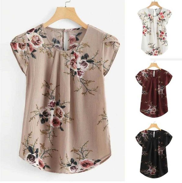 

2021 women's casual round neck shirt flower pleated slim print short sleeve top, White