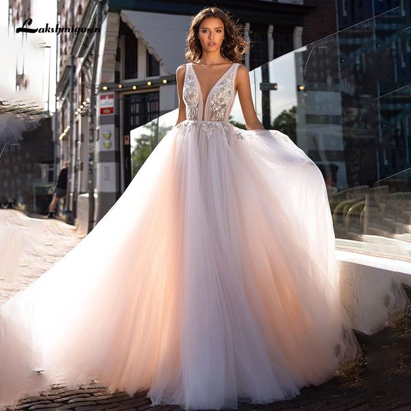 

2021 new chic a line es lace appliques v neck backless tulle boho bridal wedding gown vestidos de novia oi9h, White