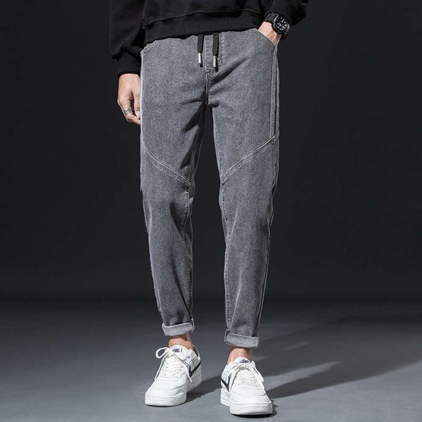 

smoke grey jeans small feet loose elastic ruffian pants little harlan new men's versatile youth trend, Blue