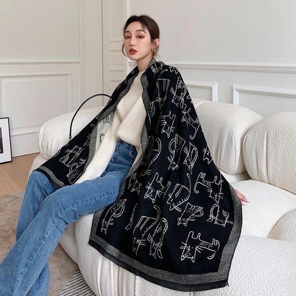 

scarves 2021 lovely cat shawls and wraps print cashmere scarf women thick hijab blanket ladies pashmina echarpe bufanda neckerchief, Blue;gray