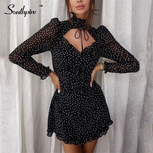 Southpire Sexy Lace Up D Neck Decota Mini Dres Preto Bolinhas Chiffon Party Vestido Elegante Primavera Verão Feminino Roupas 220311