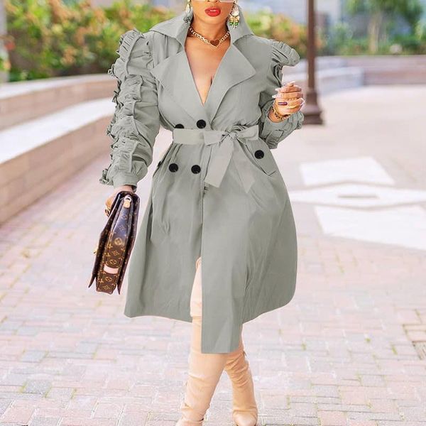 

women's wool & blends autumn women trench coat split joint elegant long ruffles sleeve plaid with belt windbreaker, Black