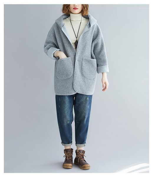 

women's wool & blends streetwear cardigan coat 2021 female winter hooded korean loose sheep hair velvet fur jacket women plus size lamb, Black
