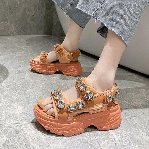 

candy color mesh hollow rhinestone luxury thick bottom sandals hook & loop peep toe rome shoes light non-slip woman shoes, Black
