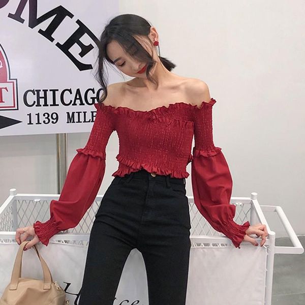 

women blouse slash neck casual solid puff sleeve blouse off shoulder crop female ruffles fashion shirt blusa feminina, White