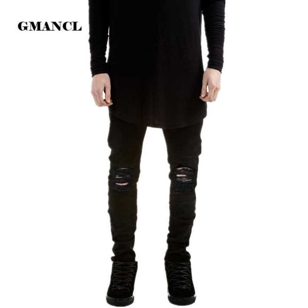 Designer Brand New Men Jeans Black Jeans Skinny Strappato Stretch Slim Fashion Hip Hop Swag Man Casual Denim Biker Pantaloni Pantaloni Pantaloni da jogger X0621