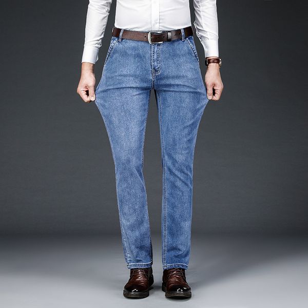 

2021 new men's jeans high waist business classic style fashion denim light-colored trousers straight jean male brand pants ptz3, Blue