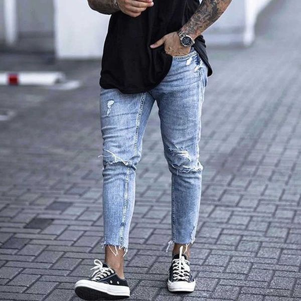 Rahat Skinny Kot Ayak Bileği Uzunluğu Yırtık Denim Pantolon Fermuar Fly Erkekler Giyim Kesim Alt Kalem Pantolon Açık Mavi Kovboylar Streetwear 210622