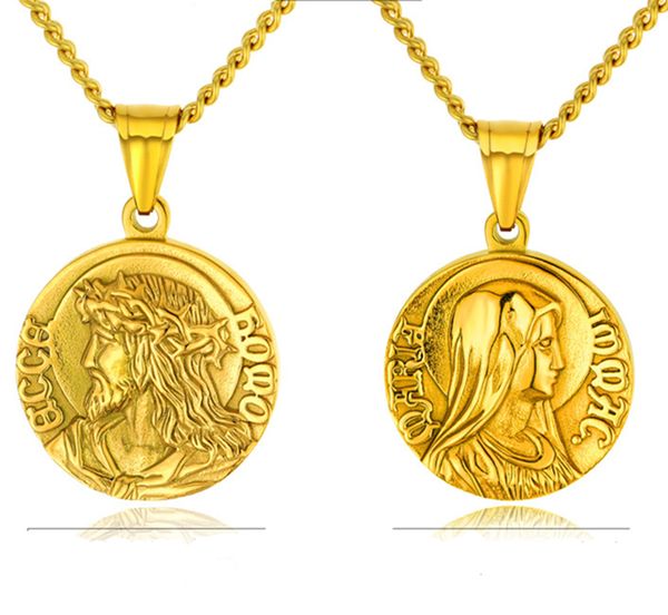 316 Aço Inoxidável Rodada Ouro Jesus Pingente Notre Dame Santa Lady Madonna Mãe de Cristo Católico Colar Homens e Mulheres Jóias