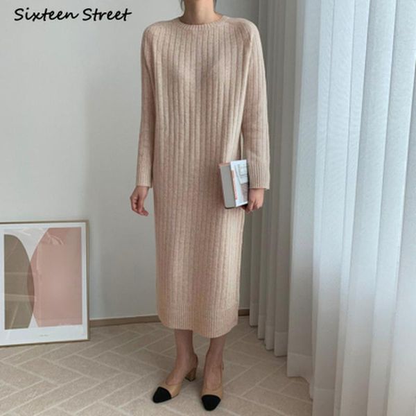 

casual dresses thicken knit maxi dress woman autumn 2021 o-neck elegant knitted bodycon ladies korean long sweater winter clothing black, Black;gray