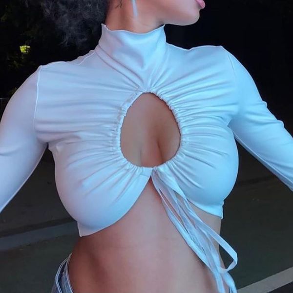 

women's t-shirt 2021 street solid color long-sleeved tide ins net red high neck tie bottoming shirt with female, White