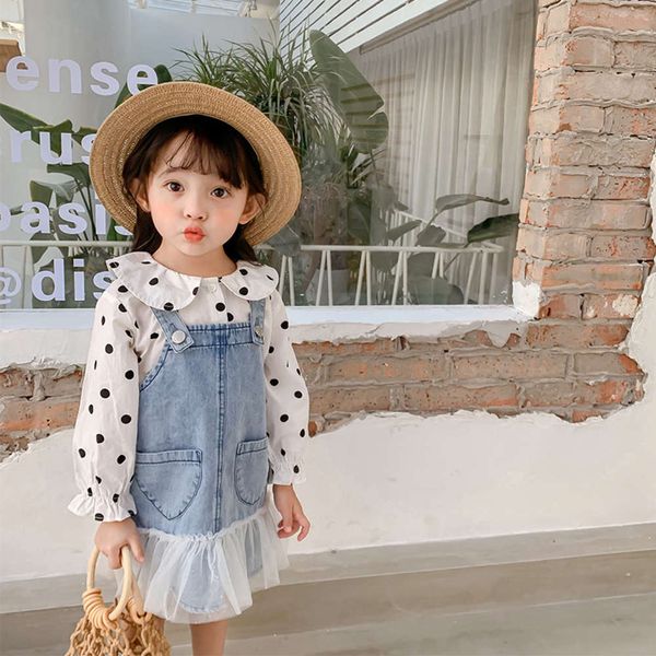 

wave 2021 spring new korean dot shirt girls' baby strap denim skirt suit fashion, White