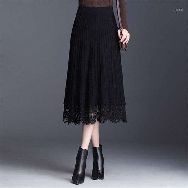 

skirts thickened mid-length skirt women 2021 autumn and winter pleated a-line woolen lace large, Black