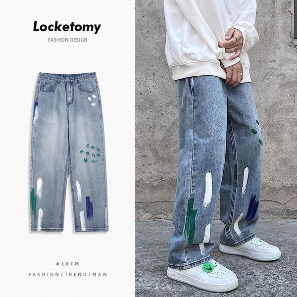 

men's jeans spring and autumn high street hip hop graffiti fried loose straight wide leg daddy long pants, Blue